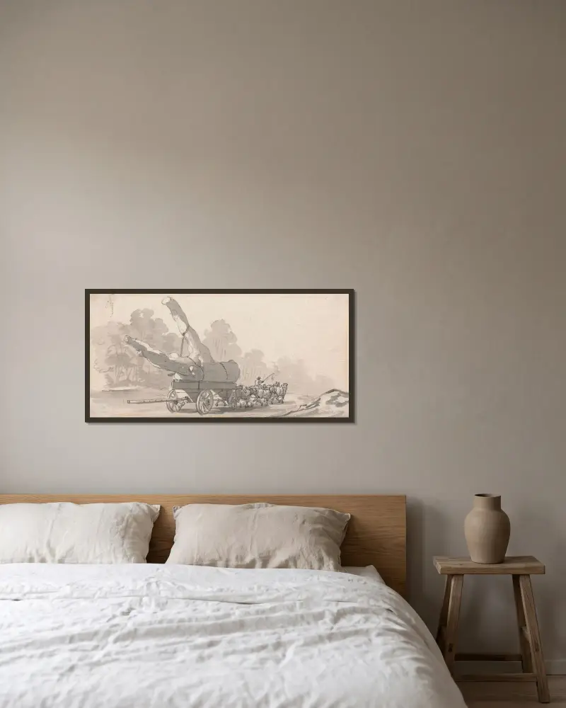 Kärra med stor trädstam av Paul Sandby inramad på en vägg