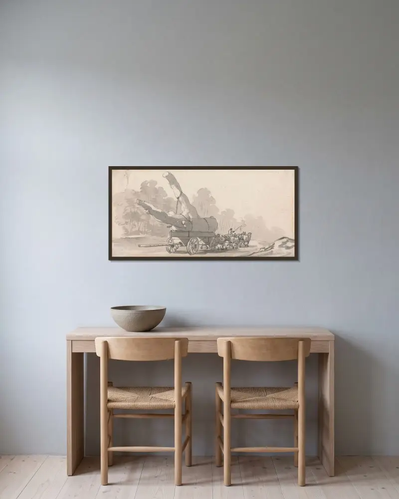 Kärra med stor trädstam av Paul Sandby inramad på en vägg