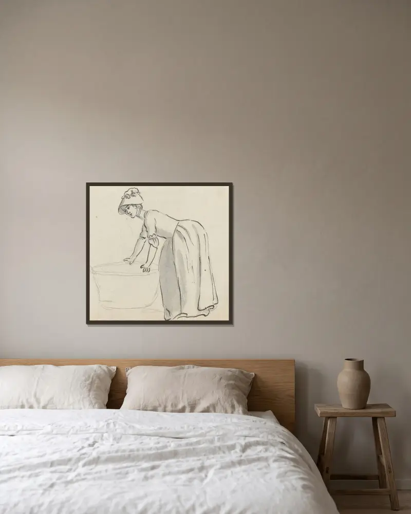 Flicka med mössa i arbete av Paul Sandby inramad på en vägg
