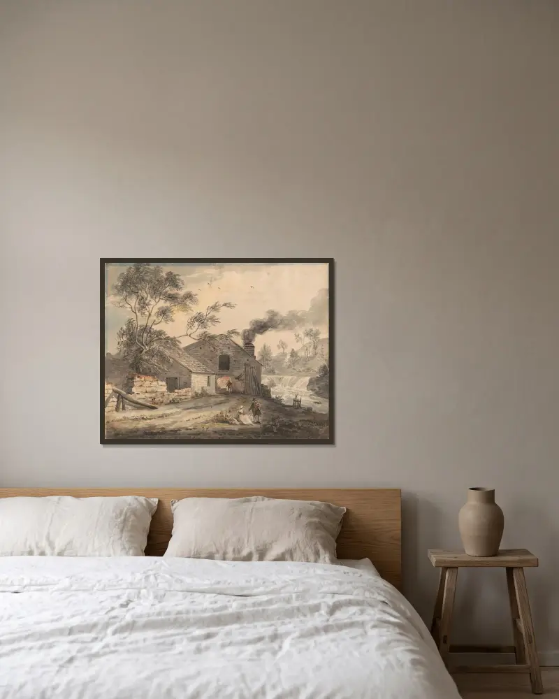 Järnsmedjan vid floden Kent, Westmorland av Paul Sandby inramad på en vägg