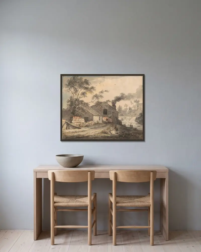 Järnsmedjan vid floden Kent, Westmorland av Paul Sandby inramad på en vägg