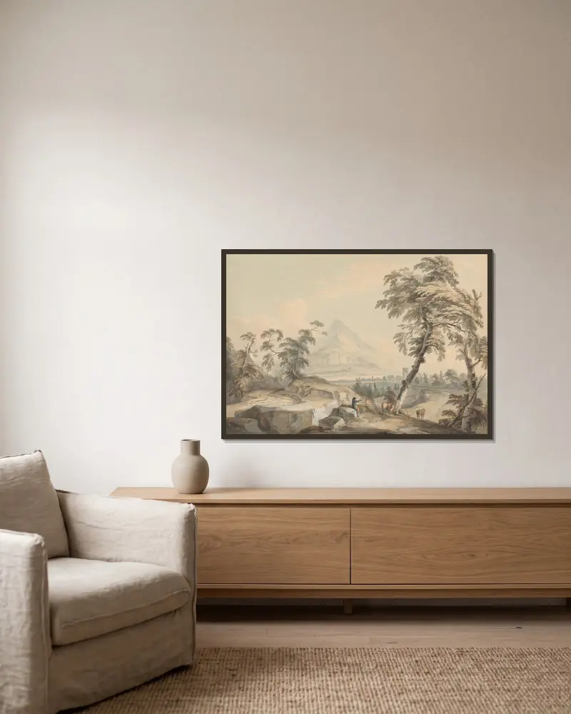 Italienische Landschaft mit Reisenden, Nr. 1 von Paul Sandby gerahmt an einer Wand