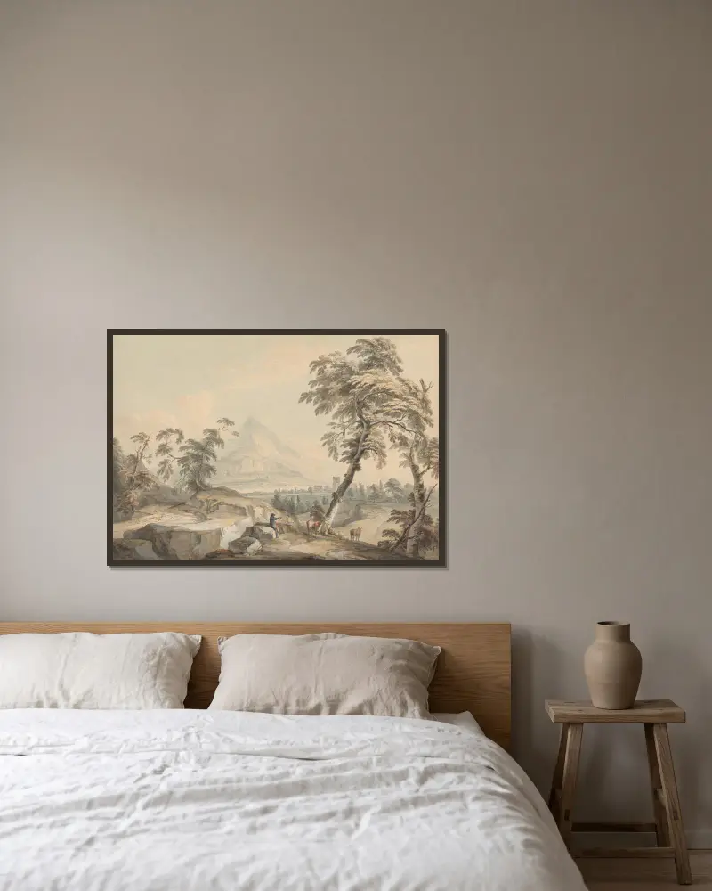 Italienische Landschaft mit Reisenden, Nr. 1 von Paul Sandby gerahmt an einer Wand