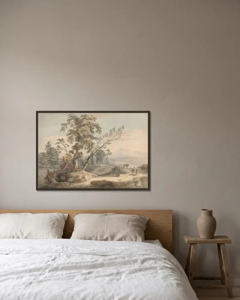 Italienskt landskap med resande nr 2 av Paul Sandby inramad på en vägg