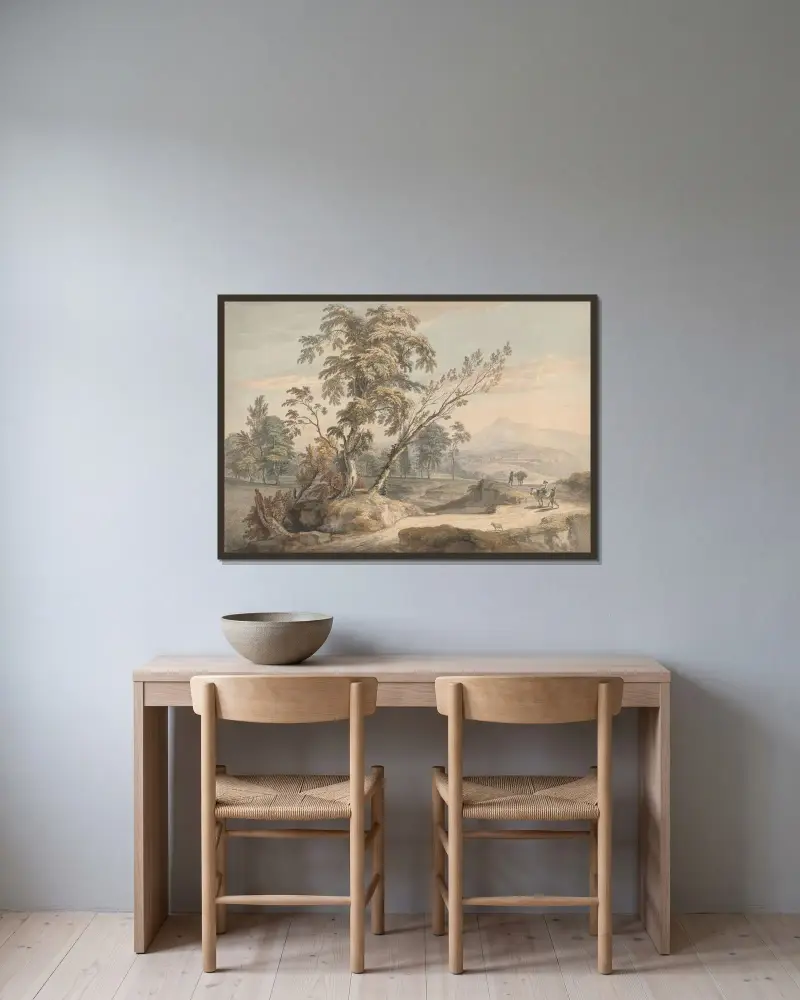 Italienskt landskap med resande nr 2 av Paul Sandby inramad på en vägg