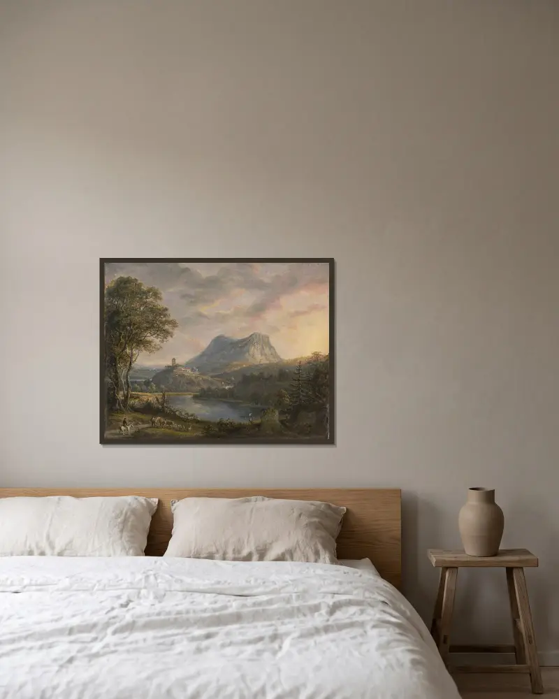 Landskap med sjö av Paul Sandby inramad på en vägg