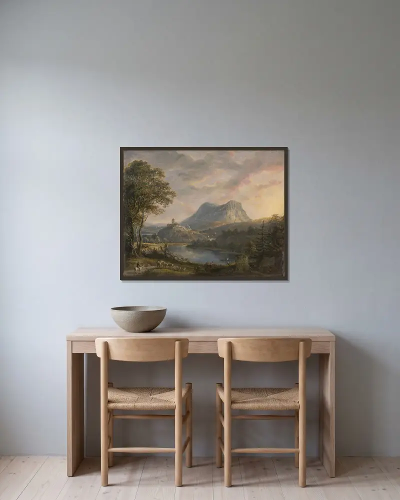 Landskap med sjö av Paul Sandby inramad på en vägg