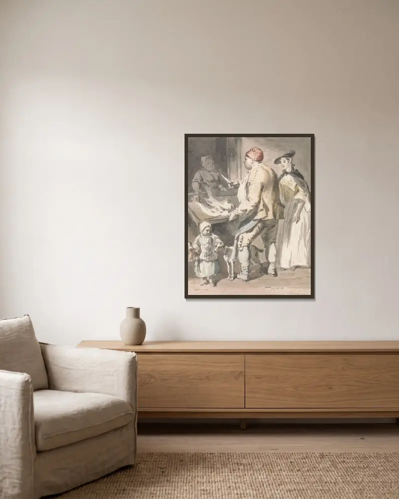 Londýnské výkřiky; Rybář, Paul Sandby v rámu na stěně