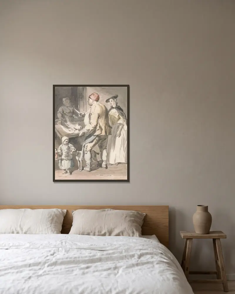 Londýnské výkřiky; Rybář, Paul Sandby v rámu na stěně