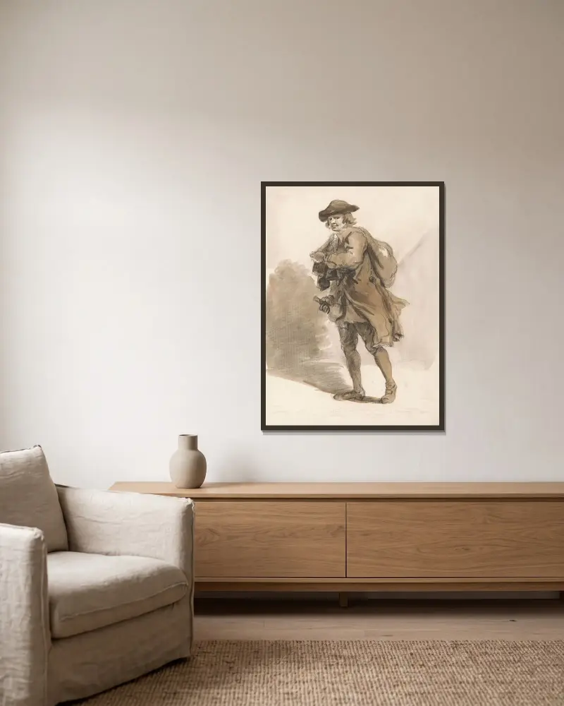 Londoner Ausrufer; ein Mann mit Flasche von Paul Sandby gerahmt an einer Wand