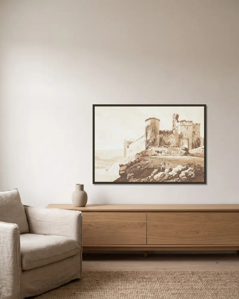 Manerbawr Castle in Pembrokeshire von Paul Sandby gerahmt an einer Wand