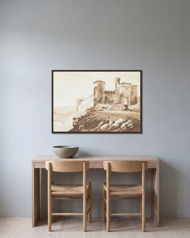 Manerbawr Castle in Pembrokeshire von Paul Sandby gerahmt an einer Wand