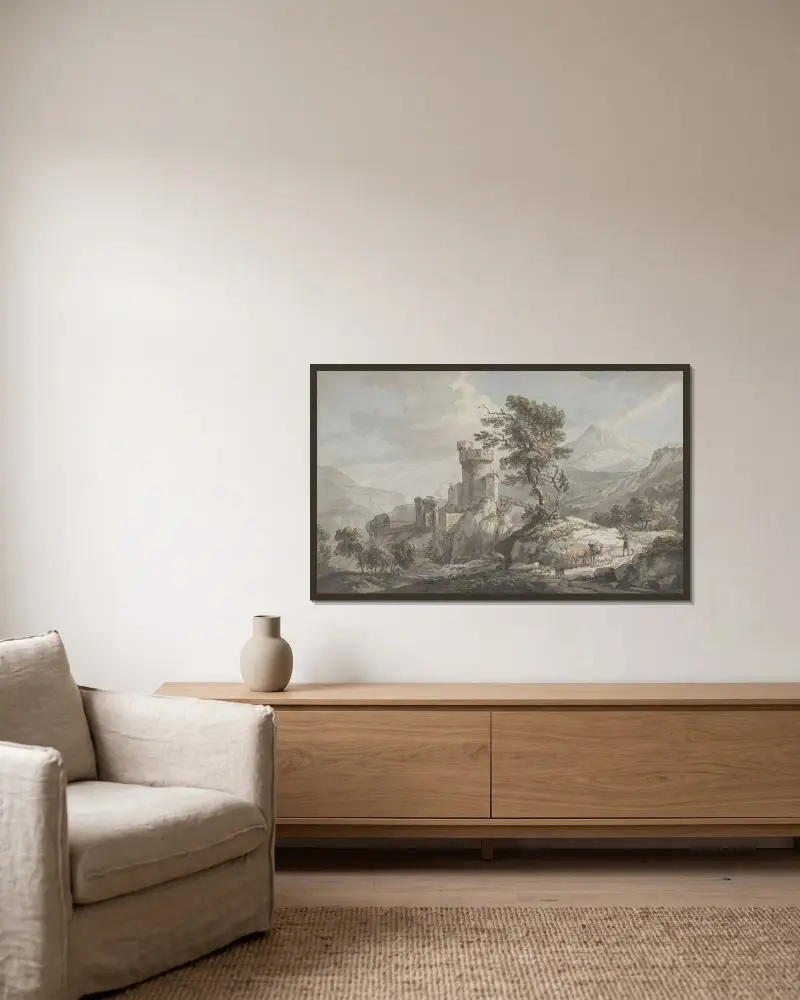 Bergslandskap med fästning av Paul Sandby inramad på en vägg