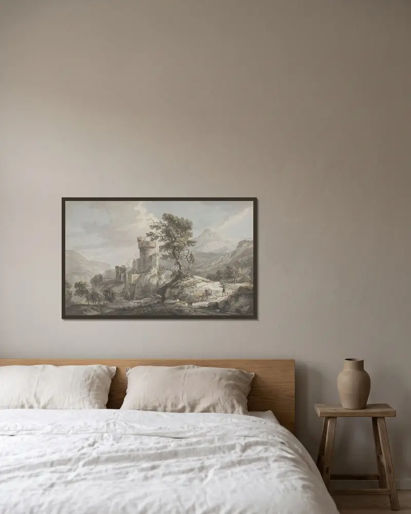 Bergslandskap med fästning av Paul Sandby inramad på en vägg