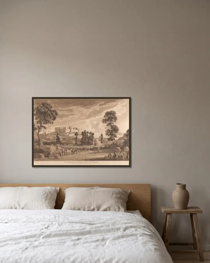 Del av staden och slottet i Ludlow av Paul Sandby inramad på en vägg