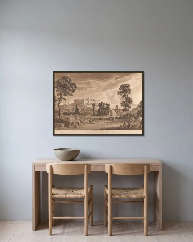 Del av staden och slottet i Ludlow av Paul Sandby inramad på en vägg