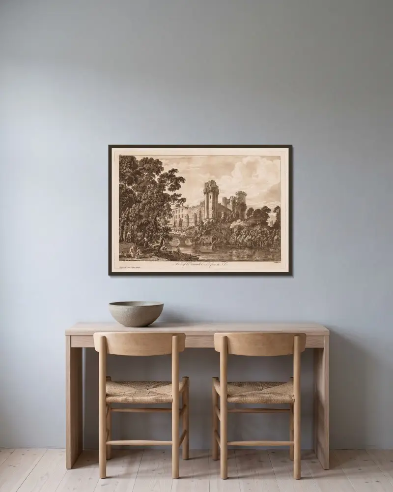 Del av Warwick Castle från sydost av Paul Sandby inramad på en vägg