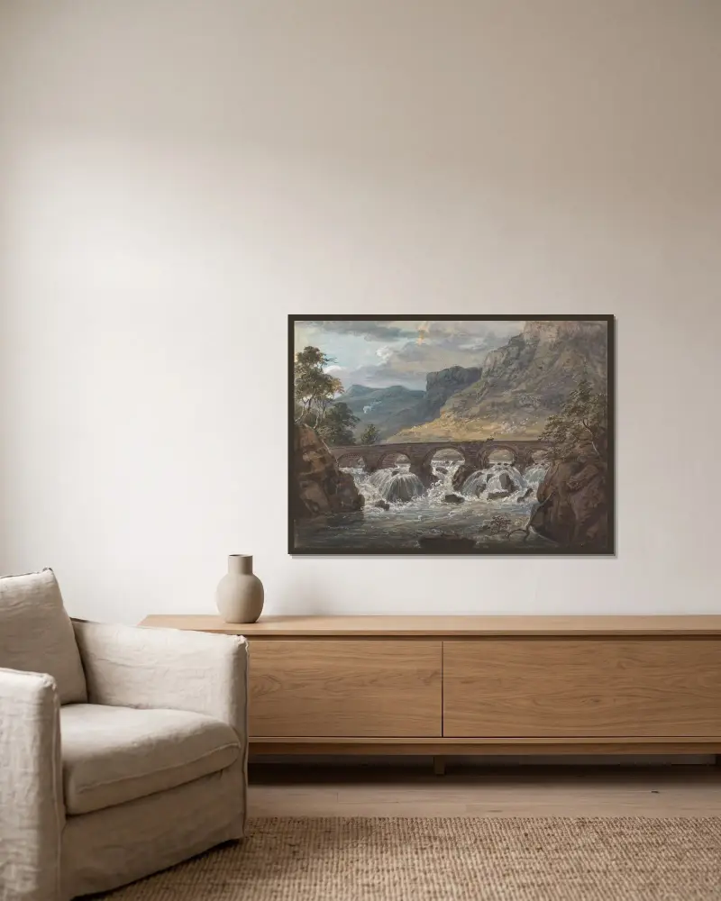 Pont-y-Pier bei Llanroost, Denbighshire von Paul Sandby gerahmt an einer Wand