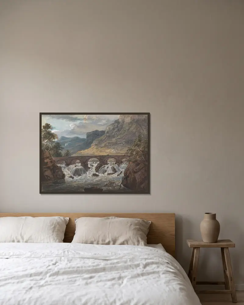 Pont-y-Pier bei Llanroost, Denbighshire von Paul Sandby gerahmt an einer Wand