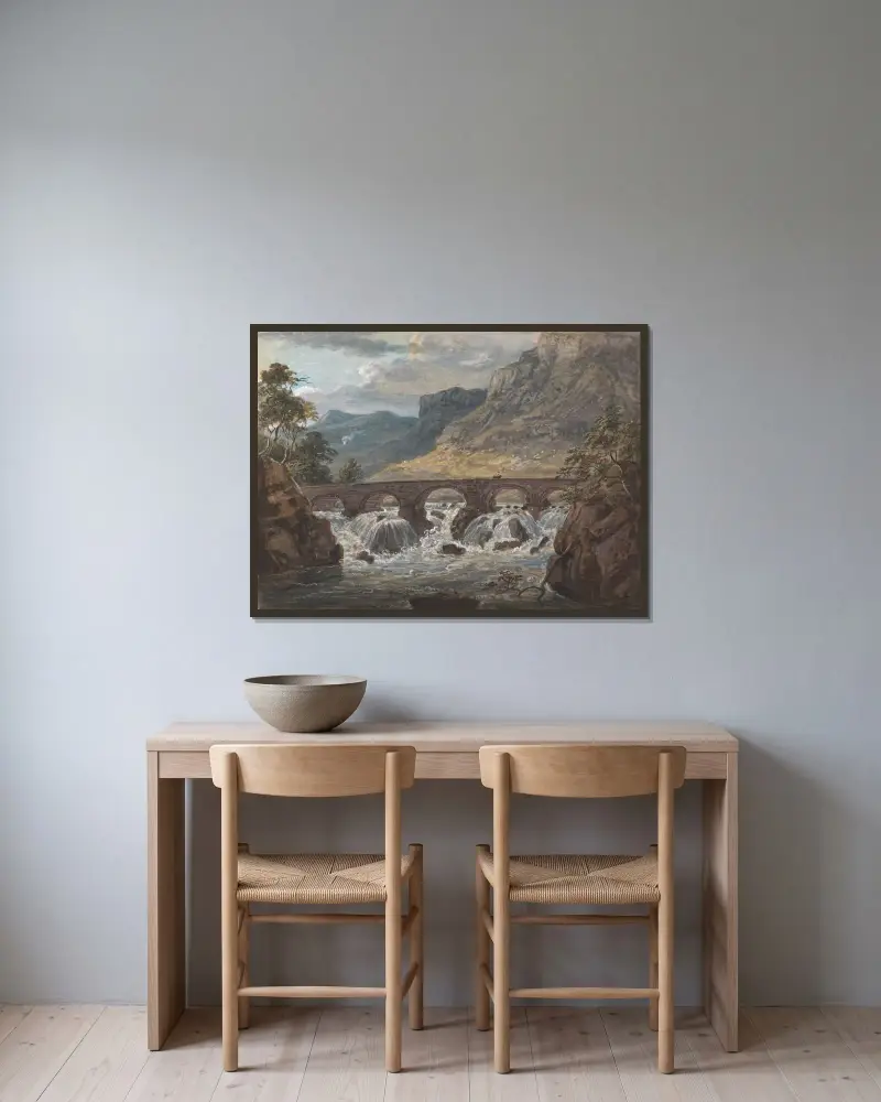 Pont-y-Pier bei Llanroost, Denbighshire von Paul Sandby gerahmt an einer Wand