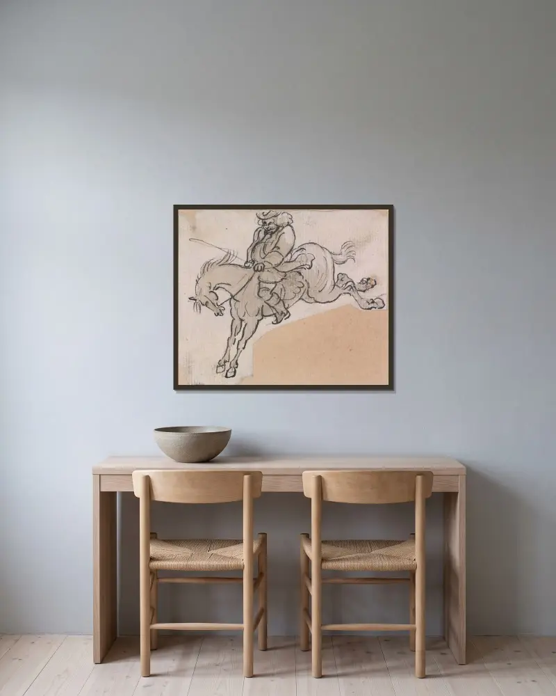 Kräftiger Mann auf einem bockenden Pferd von Paul Sandby gerahmt an einer Wand