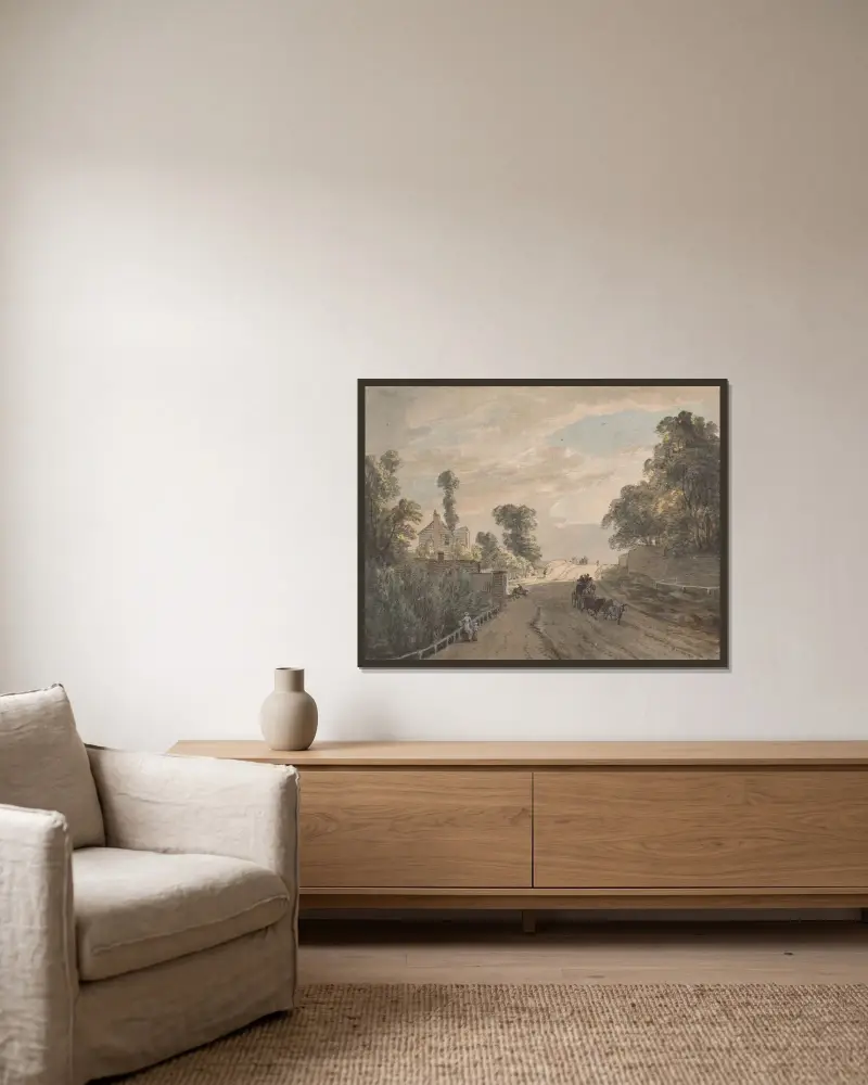 Die Bayswater Turnpike von Paul Sandby gerahmt an einer Wand