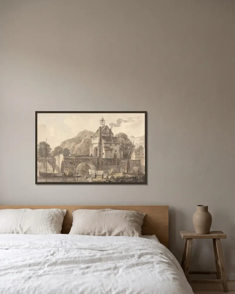 Bron vid Bridgnorth i Shropshire av Paul Sandby inramad på en vägg