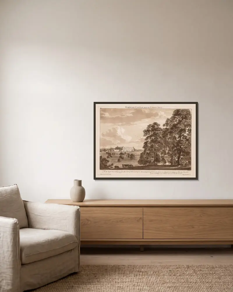 Warwick Castle vom Lodge Hill von Paul Sandby gerahmt an einer Wand