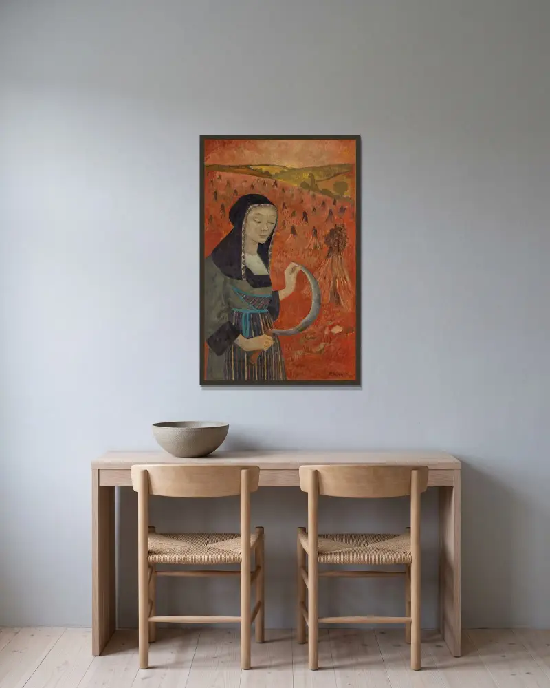 Bretonin mit Sichel auf einem Buchweizenfeld von Paul Sérusier gerahmt an einer Wand