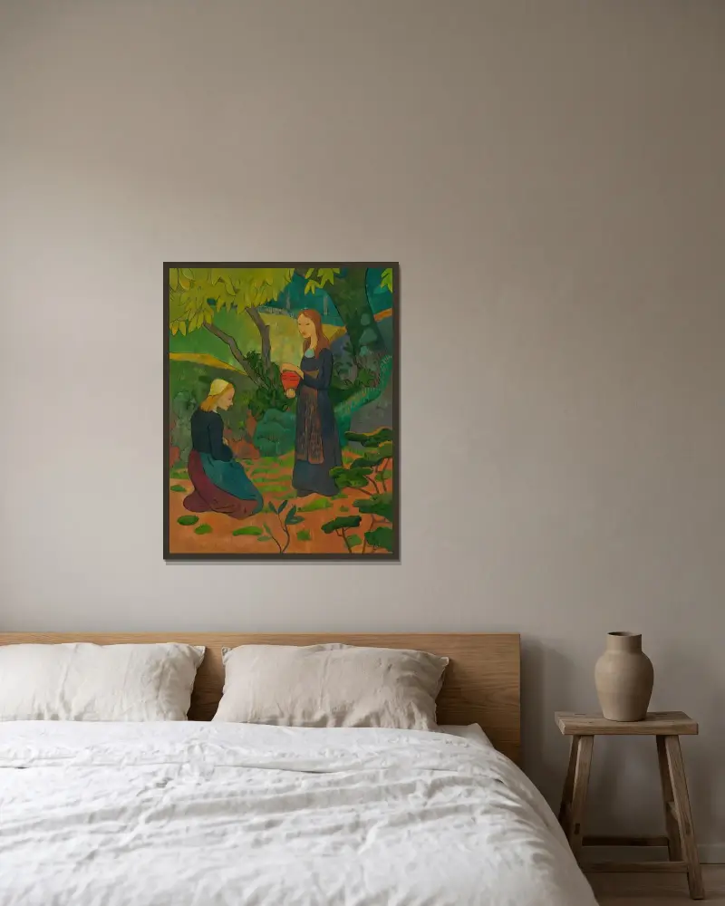 Junge Bretonin mit zinnoberrotem Topf und kniendem Mädchen von Paul Sérusier gerahmt an einer Wand