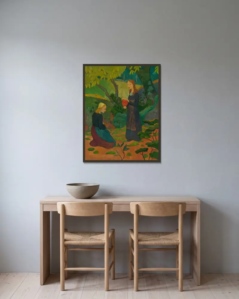 Junge Bretonin mit zinnoberrotem Topf und kniendem Mädchen von Paul Sérusier gerahmt an einer Wand