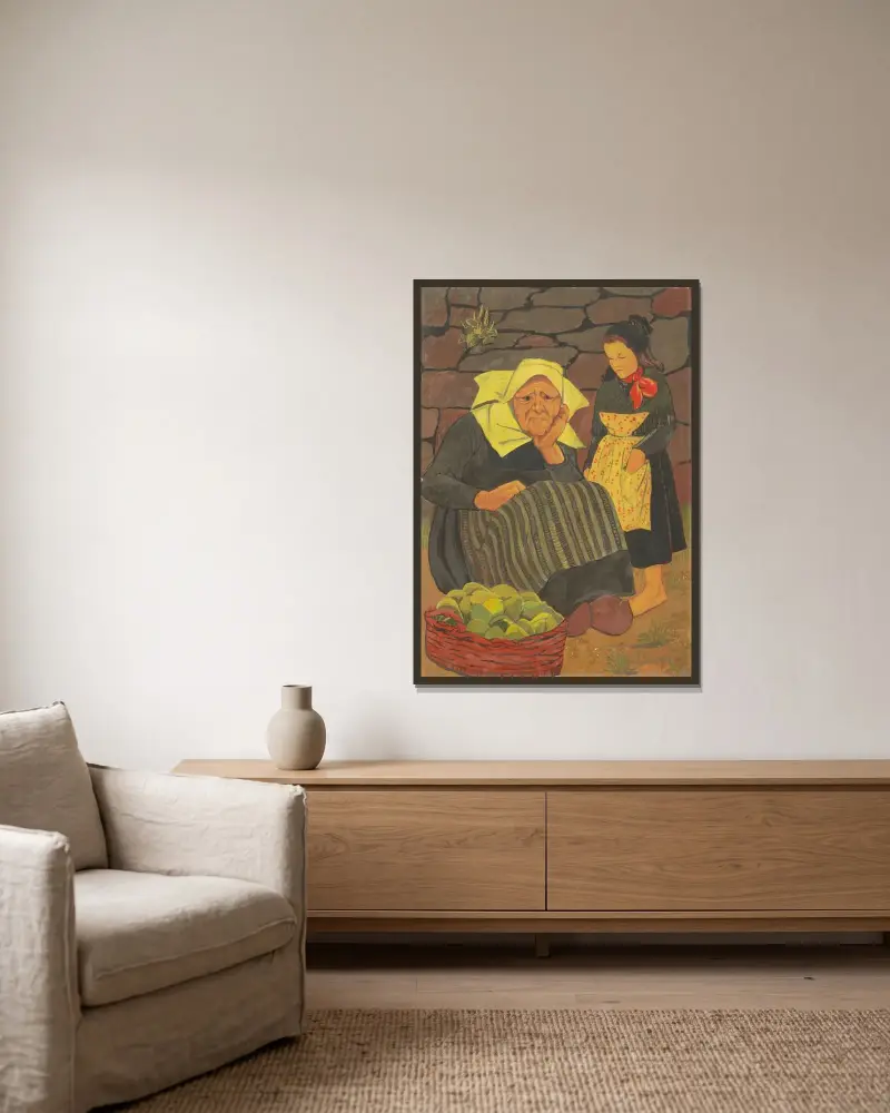 Die Birnenverkäuferin von Paul Sérusier gerahmt an einer Wand