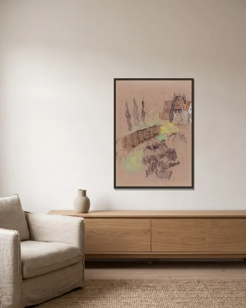 Landschaft mit Häusern von Paul Sérusier gerahmt an einer Wand