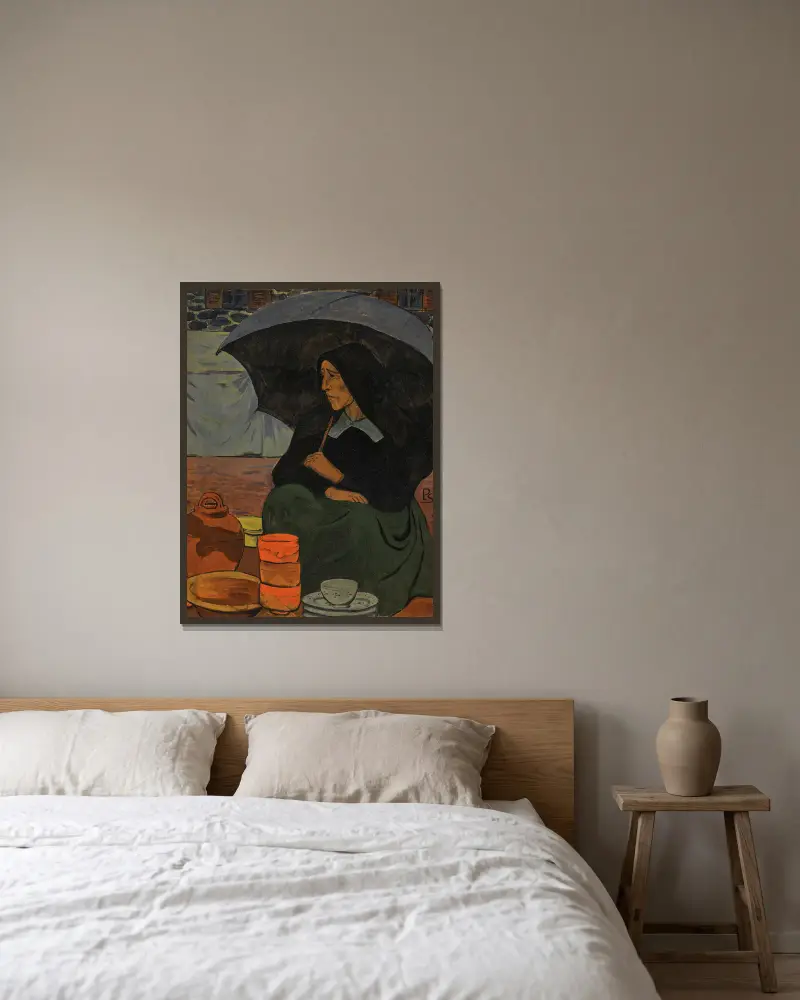 Marchande de poterie au parapluie av Paul Sérusier inramad på en vägg