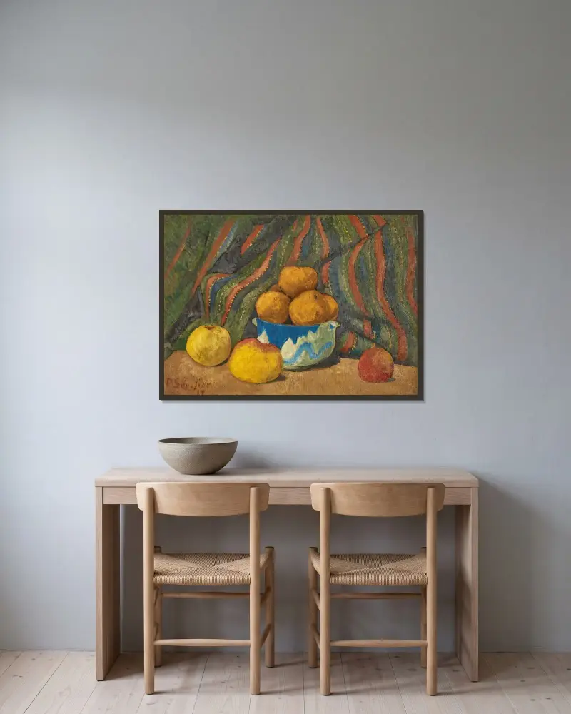Stilleben mit Äpfeln vor gestreiftem Vorhang von Paul Sérusier gerahmt an einer Wand