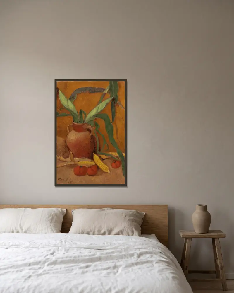 Stillleben mit Mais und Tomaten von Paul Sérusier gerahmt an einer Wand