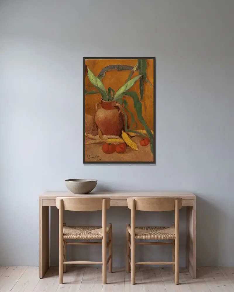 Stillleben mit Mais und Tomaten von Paul Sérusier gerahmt an einer Wand