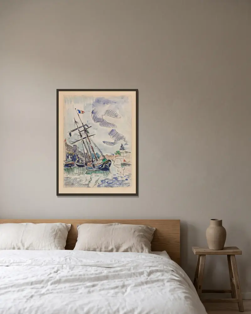 Boat in Port av Paul Signac inramad på en vägg