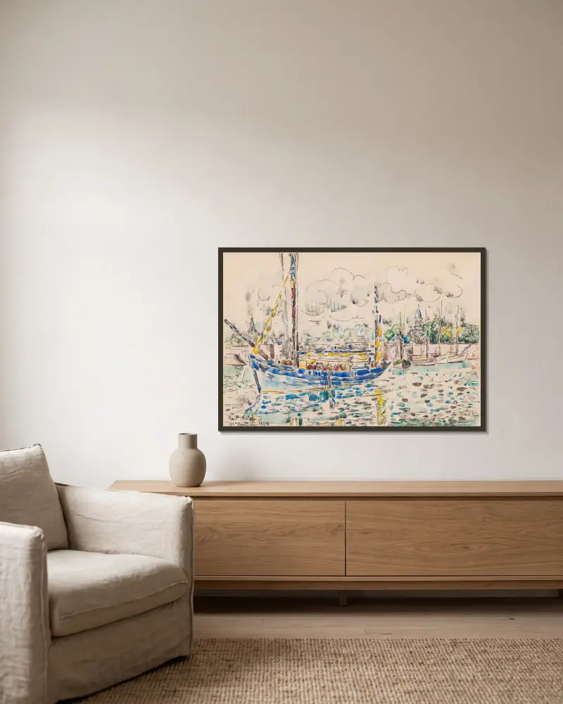 Concarneau. Thonier au port av Paul Signac inramad på en vägg
