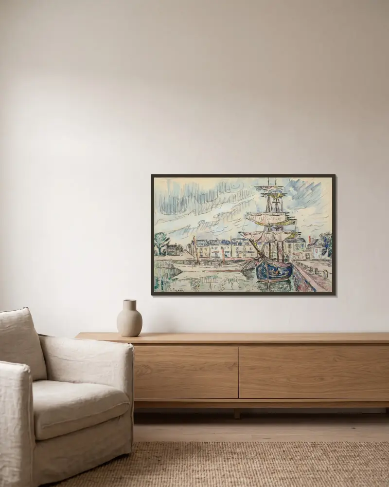 Segelschoner am Kai von Paul Signac gerahmt an einer Wand