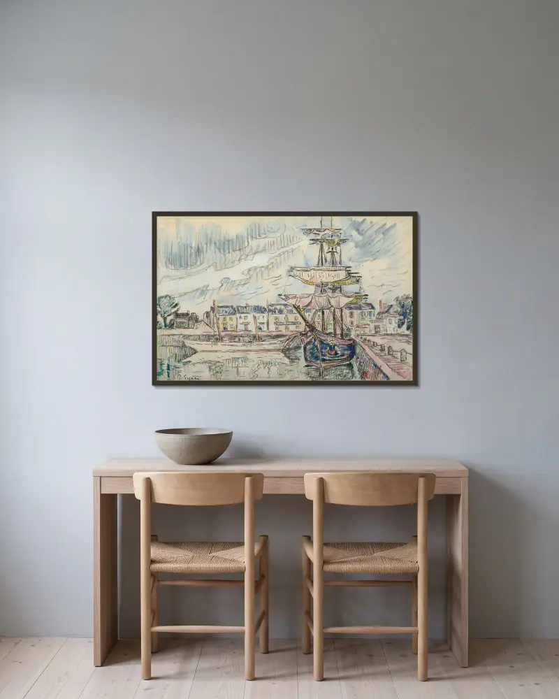 Segelschoner am Kai von Paul Signac gerahmt an einer Wand