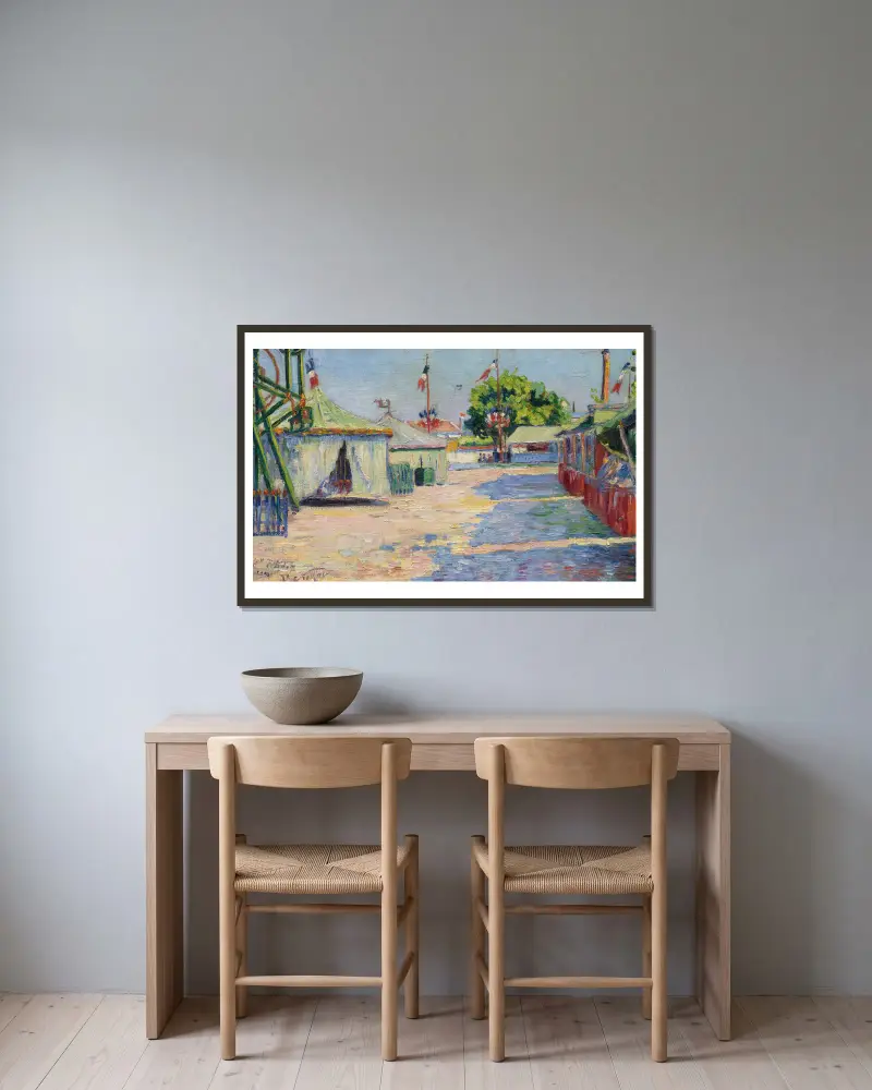 La Fête D’asnières av Paul Signac inramad på en vägg