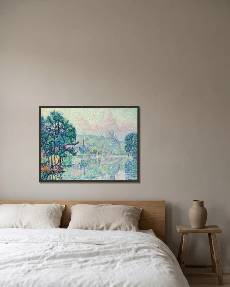 Les Andelys. Matin. Été av Paul Signac inramad på en vägg