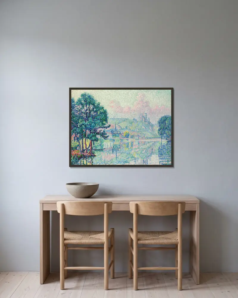 Les Andelys. Matin. Été av Paul Signac inramad på en vägg