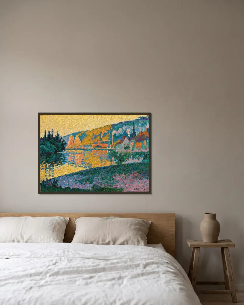 Les Andelys. Soleil couchant av Paul Signac inramad på en vägg