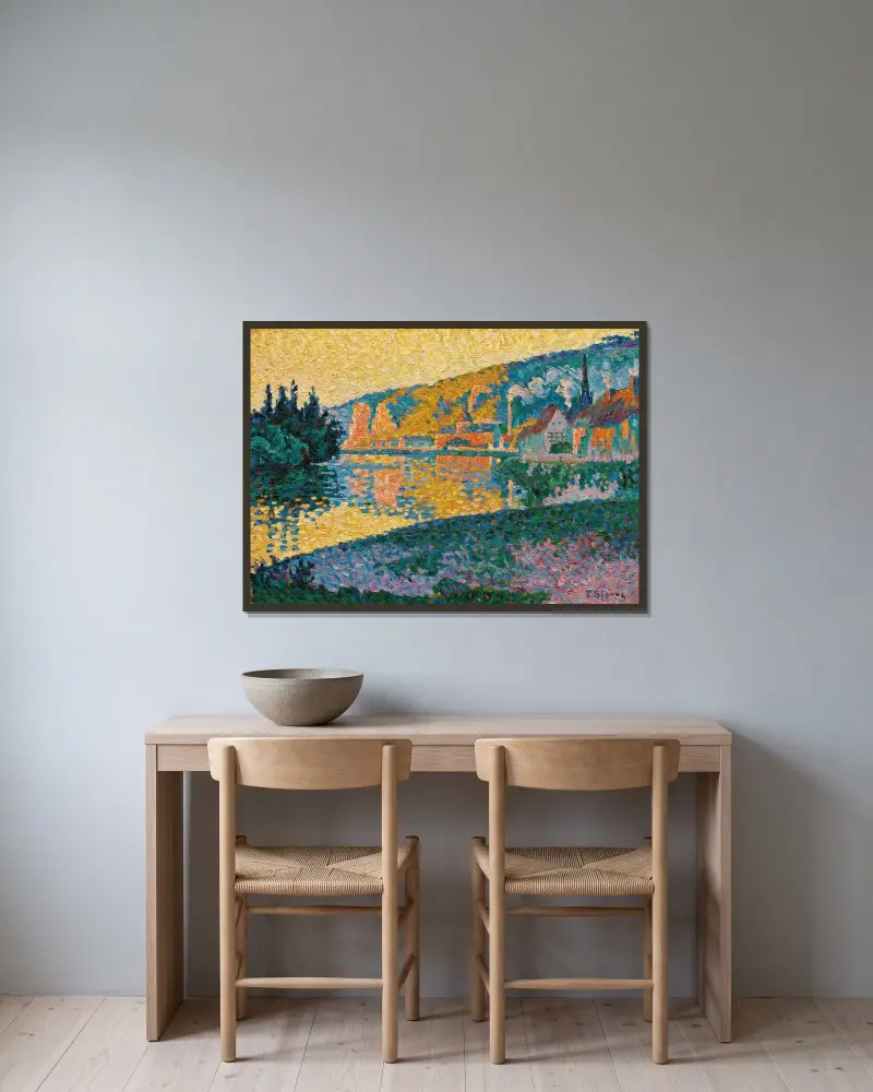 Les Andelys. Soleil couchant av Paul Signac inramad på en vägg