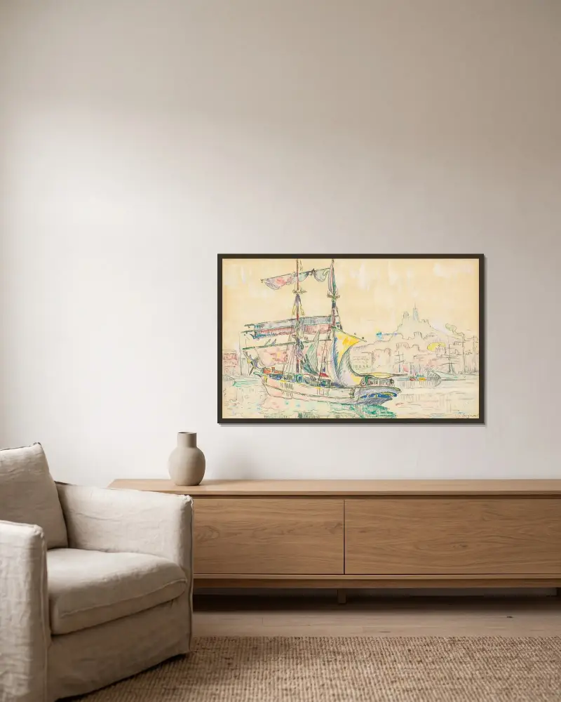 Marseille. Voilier av Paul Signac inramad på en vägg