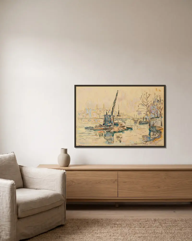 Paris, La Seine au Quai Malaquais (the crane) av Paul Signac inramad på en vägg