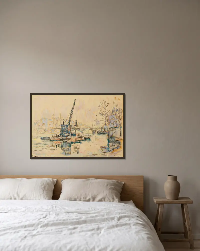 Paris, La Seine au Quai Malaquais (the crane) av Paul Signac inramad på en vägg