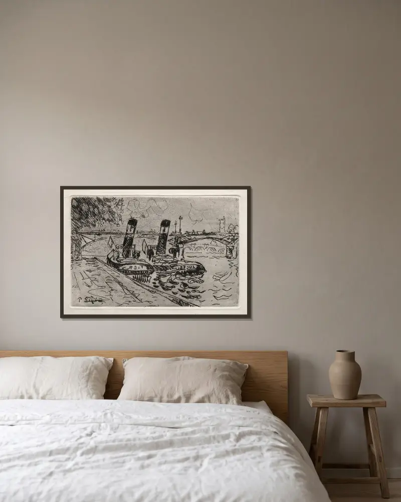 Paris, Le Pont des Arts avec Remorqeurs av Paul Signac inramad på en vägg